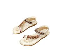 HYFEUOKF Women'S Beach Sandals Sandals Women Summer Shoes Causal Walking Party Shoes Beach Style Crochet Beads Footwear Flat Retro Slippers For Beach(Creamy-white,36)