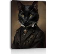 HYGAOT Gentleman Black Cat Canvas Framed Wall Art Halloween Decorations Indoor Spooky Wall Decor Vintage Art Cat Poster Dark Academia Gothic Painting for Bedroom Living Room Bathroom 11.5 x 15 Inches