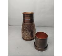 Hygge Antique Embossed Pure Copper Bedside Carafe with Tumbler, 1L (34 oz) Water Pitcher for Home, Yoga & Ayurveda