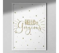 Hygge Creations Hello Gorgeous Gold Wall Glittery Art | Nursery Print-A4 White Frame Without Mount