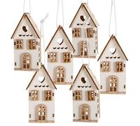 Hygge Scandi 6 Small Christmas Pendants Decorative Houses Wooden House with String for Hanging Wooden House 4 x 7 x 3 cm White Natural Colour