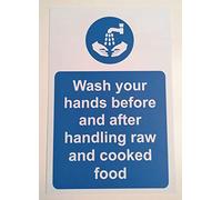 Hygiene Catering Wash Your Hands Before and After handling raw and Cooked Food Safety Sign - Self Adhesive Sticker 200mm x 150mm