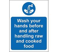 Hygiene catering Wash your hands before and after handling raw and cooked food safety sign - Self adhesive sticker 300mm x 200mm