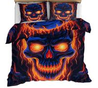 HYGIUID Blazing Flame Skull Duvet Cover Set for Teens Horror Hell Bedding with 1 Pillowcases Flaming Skeleton Microfiber with Zipper - All Seasons Use (Single 135x200cm)