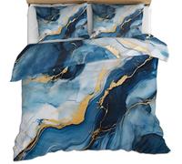 HYGIUID Blue and Gold Marble Texture Bedding Set Abstract Vein Marble Duvet Cover with 2 Shams Luxury Ink Pattern Soft Lightweight, Easy Care for Adults Guest Rooms (King 220x230cm)