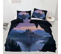 HYGIUID Castle Duvet Cover Set Single Cave Lake Bedding with 1 Pillowcases Mountain Scenery Microfiber with Zipper - All Seasons Use (135x200cm)
