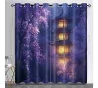 HYGIUID Chinese Pagoda Curtains for Bedroom, Cherry Blossoms Light Filtering Curtains Oriental Night View Kitchen Window Curtain for Beauty Salon Spa Library, 46.1" x 90.2", 2 Panels