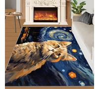 HYGIUID Door Mat - 60 x 90 cm Starry Sky Golden Gradient Cat Kitchen Rug, Post-Impressionist Art Painting Indoor Bathroom Outside Doormat Washable for Hallway Corridor Bedroom Bedside