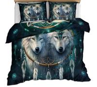 HYGIUID Dreamcatcher Wolf Bedding Set Starry Sky Wolf Totem Duvet Cover with 2 Shams Dreamcatcher Animal Soft Lightweight, Easy Care for Adults Guest Rooms (King 220x230cm)