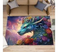 HYGIUID Epic Dragon Rugs Living Room - 140 x 200 cm Flying Wyrm Carpet Short Pile Rugs, Floral Drake Anti Slip Carpets Easy Care for Boys Bedroom Dining Room