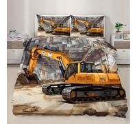 HYGIUID Excavator Duvet Cover Set for Teens Construction Site Bedding with 1 Pillowcases Hand-Drawn Style Microfiber with Zipper - All Seasons Use (Single 135x200cm)