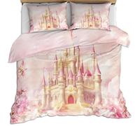 HYGIUID Fairytale Princess Castle Quilt Cover Pink Castle Bedding Set with 2 Shams Machine Washable, Corner Ties - Modern Bedroom Décor (Double 200x200cm)