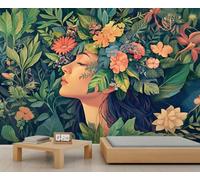 HYGIUID Florals Garland Woman Mural Flowers Wallpaper Natural Plants Wall Mural Large Panoramic Accent Wallpaper Bedroom Living Room 3D Sofa Backdrop (Non-self-Adhesive)