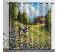HYGIUID Flowers Field Cow Curtains for Bedroom, Rural Scenery Light Filtering Curtains Farmhouse Kitchen Window Curtain for Beauty Salon Spa Library, 46.1" x 90.2", 2 Panels
