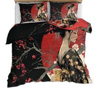 HYGIUID Kimono Geisha Duvet Cover Set for Teens Dark Aesthetic Bedding with 1 Pillowcases Japanese Microfiber with Zipper - All Seasons Use (Single 135x200cm)