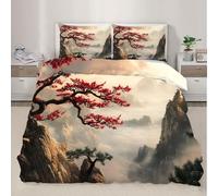 HYGIUID Landscape Quilt Cover Welcoming Pine Bedding Set with 2 Shams New Chinese Ink Painting Machine Washable, Corner Ties - Modern Bedroom Décor (Double 200x200cm)
