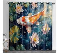 HYGIUID Lotus Curtains for Bedroom, Koi Light Filtering Curtains Oriental Oil Painting Kitchen Window Curtain for Beauty Salon Spa Library, 46.1" x 90.2", 2 Panels