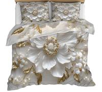 HYGIUID Luxurious White 3D Flowers Duvet Cover Set for Teens Elegant White Pearl Flowers Bedding with 1 Pillowcases Microfiber with Zipper - All Seasons Use (Single 135x200cm)