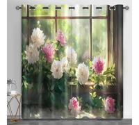 HYGIUID Peony Flowers Curtains for Bedroom, Floral Windows Light Filtering Curtains Wooden Windows Kitchen Window Curtain for Beauty Salon Spa Library, 46.1" x 90.2", 2 Panels