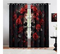 HYGIUID Red Rose Skull Window Curtains, Dark Romance Skeleton Thermal Drapes Horror Gothic Grommet Curtains for Office Conference Room, 55.1" x 63", 2 Panels