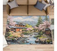 HYGIUID Retro Japanese Landscape Kitchen Runner - 80 x 150 cm Classical Architecture Door Runner, Poetic Village Bedroom Rugs Non Slip Anti Fatigue for Hall Entrance Hallway Corridor