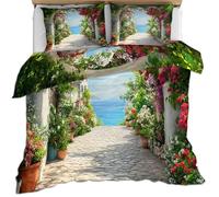 HYGIUID Seaside Flower Lane Duvet Cover Set for Teens Flowers Stone Alley Bedding with 1 Pillowcases Sea Views Archway Microfiber with Zipper - All Seasons Use (Single 135x200cm)