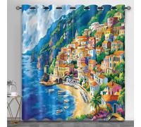 HYGIUID Seaside Town Small Window Curtains, Coastal Scenery Short Curtain for Windows Beach Oil Painting Kitchen Window Curtains over Sink for Kitchen Laundry Room Loft, 28" x 54.3", 2 Panels