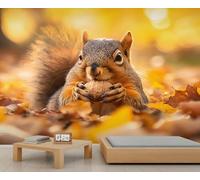 HYGIUID Squirrel Mural Deciduous Animals Wallpaper Autumn Realism Wall Mural Statement Wall Restaurant Diner Large-Scale Art Decor Photo Panoramic Accent (Non-self-Adhesive)