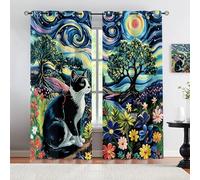 HYGIUID Starry Night Cat Curtains for Living Room, Abstract-Style Starry Sky Garden Black out Curtains Thermal Curtains for Boys Girls Room Children's Room, 46.1"(117CM) x 54.3"(138CM), 2 Panels