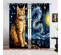 HYGIUID Starry Night Orange Cat Window Treatments - Post-Impressionist Art Painting Blackout Curtains, Thermal Insulated Drapes & Patterned Curtains for Bedroom & Living Room, 46.1" x 54.3", 2 Panels