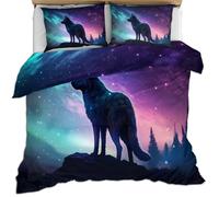 HYGIUID Starry Night Wolf Bedding Set Steep Rocks Lone Wolf Duvet Cover with 2 Shams Purple Gradient Starry Sky Soft Lightweight, Easy Care for Adults Guest Rooms (King 220x230cm)