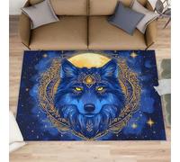 HYGIUID Starry Sky Blue Wolf Hallway Rug - 70 x 120 cm Mysterious Totem Wolf Runner Rugs for Kitchen, Fantasy Animal Corridor Short Pile Rug Anti Slip for Nursery Kids Bedroom Bedside