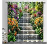 HYGIUID Stone Steps Curtains for Bedroom, Flower Path Landscape Light Filtering Curtains Blooming Flowers Kitchen Window Curtain for Beauty Salon Spa Library, 46.1" x 90.2", 2 Panels