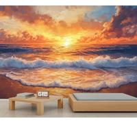 HYGIUID Sunset Beach Mural Ocean View Wallpaper Romantic Skyline Wall Mural Statement Wall Restaurant Diner Large-Scale Art Decor Photo Panoramic Accent (Non-self-Adhesive)