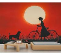 HYGIUID Twilight Silhouette Mural Bicycle Wallpaper Illustration Art Wall Mural Panoramic Office Reception Studio Backdrop Custom Photo Wallpaper (Non-self-Adhesive)