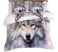 HYGIUID Watercolor Floral Wolf Duvet Cover Set for Teens Floral Wolf Bedding with 1 Pillowcases Splash Ink Animal Microfiber with Zipper - All Seasons Use (Single 135x200cm)