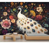 HYGIUID White-Peacock Mural Blooming Flowers Wallpaper Oil Painting Wall Mural HD Art Decor Photo Living Room Sofa TV Background Personalized Poster (Non-self-Adhesive)