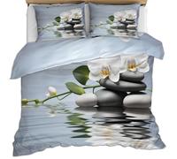 HYGIUID Zen Stones Duvet Cover Spa Bedding Set with 2 Pillowcases Tranquil White Flowers Breathable - Ideal for All Seasons (Super King 260x220cm)