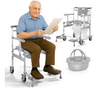 HygiVital Rolling Shower Wheelchair, 4-in-1 Bedside Commode Chair with Padded Seat, Adjustable Height, Transport Wheelchair for Disabled, Elderly, Adults, & Postoperative Patients