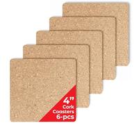 Hygloss Products Natural Cork Coasters - Eco Friendly Absorbent Square for Drinks, Trivets, and DIY Crafts, 3mm, 4 inch, Set of 6