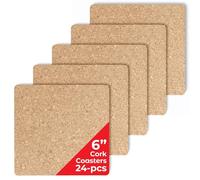 Hygloss Products Natural Cork Coasters - Eco Friendly Absorbent Square for Drinks, Trivets, and DIY Crafts, 3mm, 6 inch, Set of 24