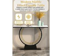 Hygrad Built to Survive 120Cm Wide Free Standing Narrow Slim Marble Effect Sintered Stone Metal Half Moon Base Console Sofa End Table Hallway Furniture