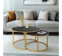 Hygrad Built to Survive 2 x Round Sintered Stone w/ Metal Frame Marble Effect Nesting Coffee End Sofa Tables Home Living Room Furniture 70 x 70cm Hygrad Built to Survive Black 70 x 70 cm