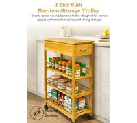 Hygrad Built to Survive 4 Tier Slimline Portable Natural Bamboo Space Saver Wood Kitchen Trolley Drawer Organizer Cart Island Storage Basket Utility Rack