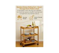 Hygrad Built to Survive Bamboo 3 Tier Kitchen Storage Rack Serving Trolley Island Cart With Wheels, Kitchen Cart, Storage Shelf With Lockable Castors