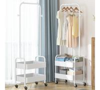 HYGRAD BUILT TO SURVIVE Metal Clothes Rack On Wheels Portable Clothes Rail For Hanging Clothes With Shoe Storage Shelfs Portable Clothes Rack Caddy For Bedroom Wardrobe, White