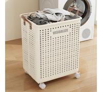 Hygrad Built to Survive Collapsible Laundry Hamper With Wheels 42L Foldable Laundry Basket With Handles, Portable Clothes Bin For Indoor Use Cream