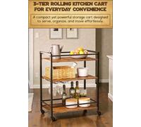 Hygrad Built to Survive Kitchen Cart 3 Tier Rolling Industrial Design Rustic Look Wooden Kitchen Food Serving Cart Trolley With Wheels & Glass Hooks