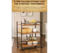 Hygrad Built to Survive Kitchen Cart 3 Tier Rolling Industrial Design Rustic Look Wooden Kitchen Food Serving Cart Trolley With Wheels & Glass Hooks