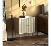 Hygrad Built to Survive White Wooden 2 Drawer Chic Fluted Bedside End Sofa Table Nightstand For Living Bedroom Home With 4 Golden Legs